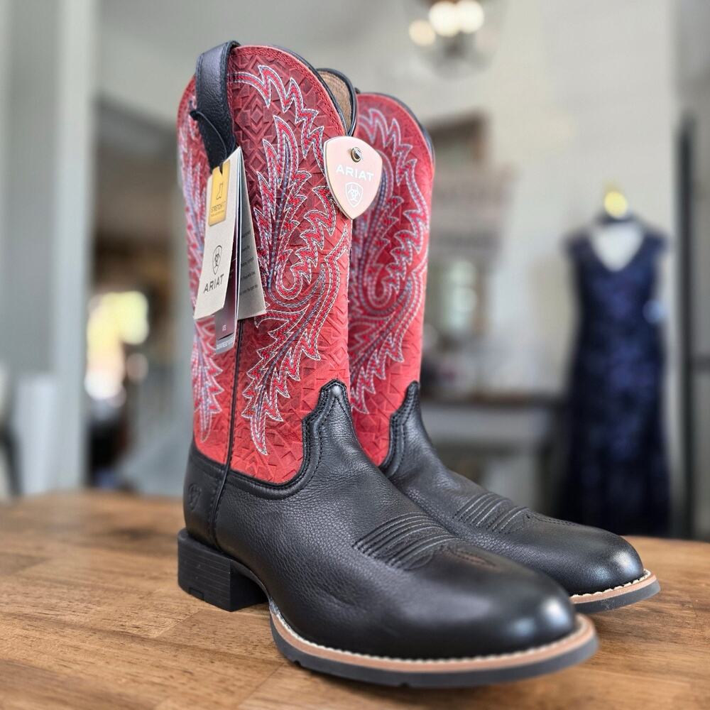 Ariat Round Up Western Boots Women’s 7.5B Black‎ Red StretchFit Embroidered NEW